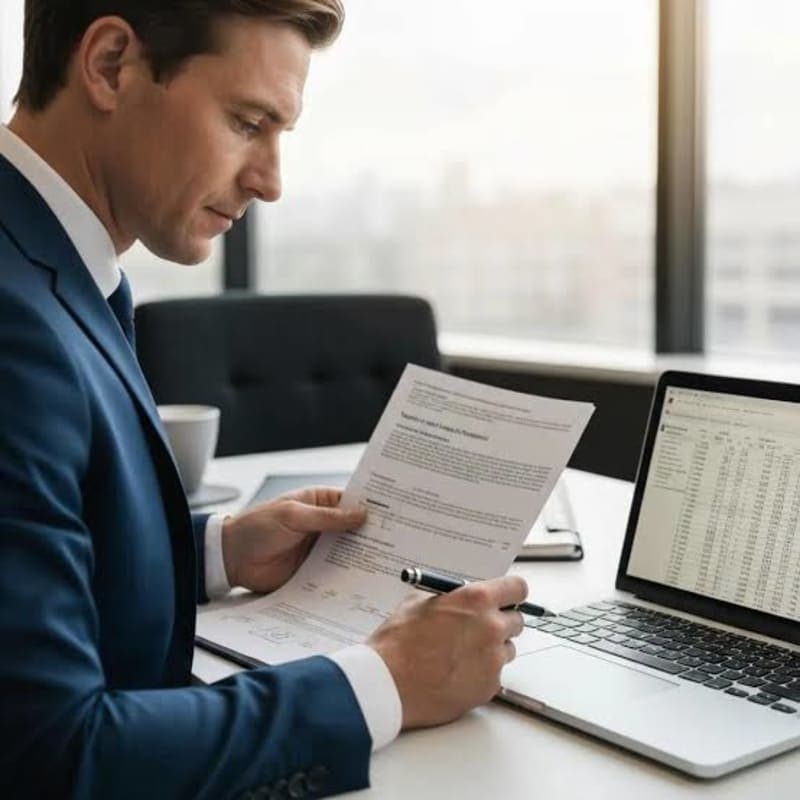 Commercial cleaning business owner reviewing a target prospect list of office buildings on a laptop
