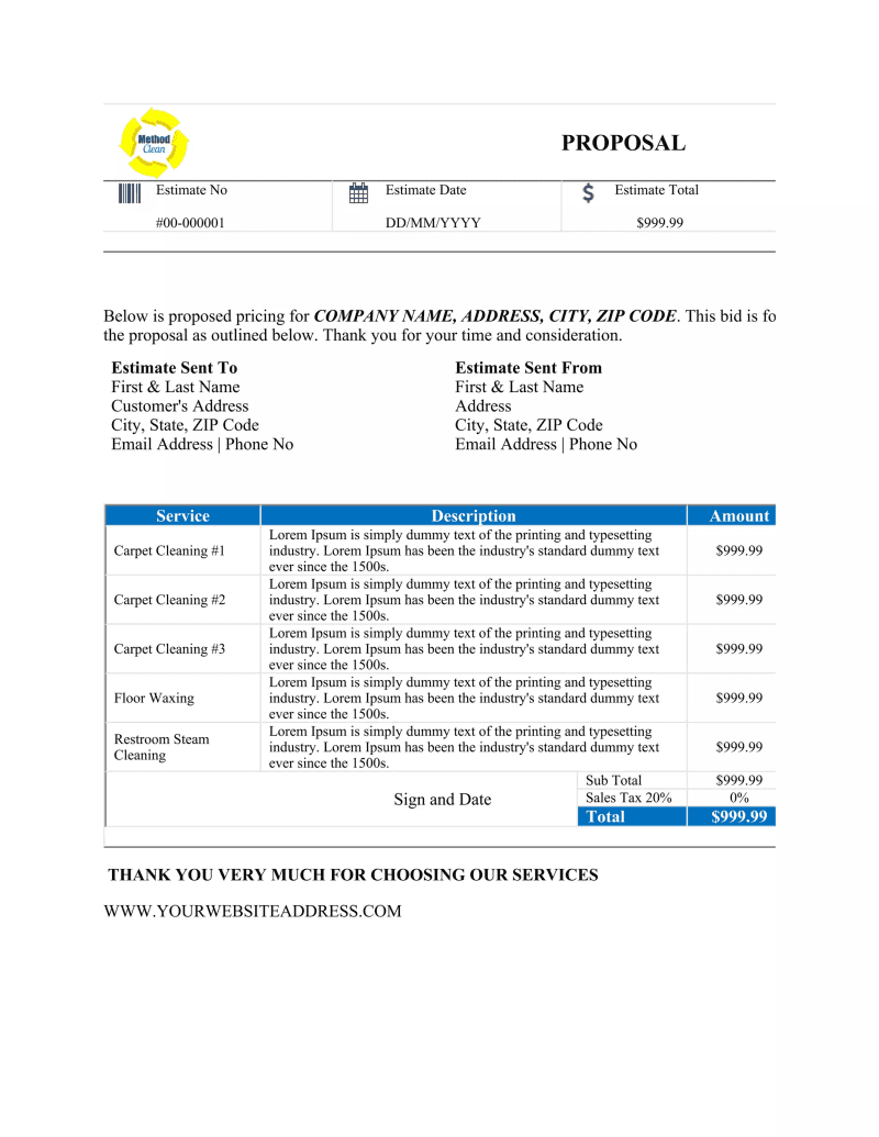 Sample commercial cleaning bid proposal document showing scope of work, pricing breakdown, and staffing plan