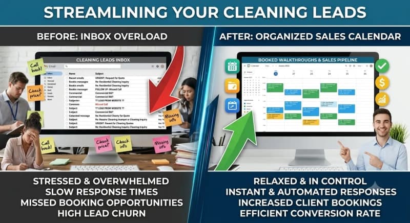 Split-screen graphic showing a cluttered inbox of unanswered cleaning leads on one side and a clean, organized sales calendar full of booked walkthroughs on the other