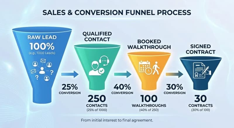 Simple funnel diagram showing Raw Lead → Qualified Contact → Booked Walkthrough → Signed Contract with conversion percentages at each stage