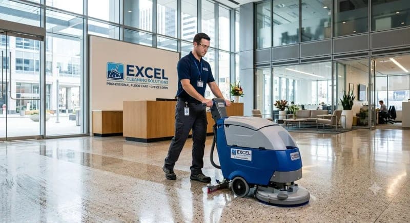 A commercial cleaning technician using a floor scrubber in a bright, modern office lobby — conveys professionalism and scale. Suggested alt text commercial cleaner pricing office space per square foot