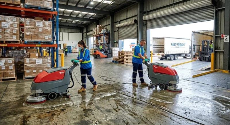 warehouse cleaning crew scrubbing concrete floor near loading dock