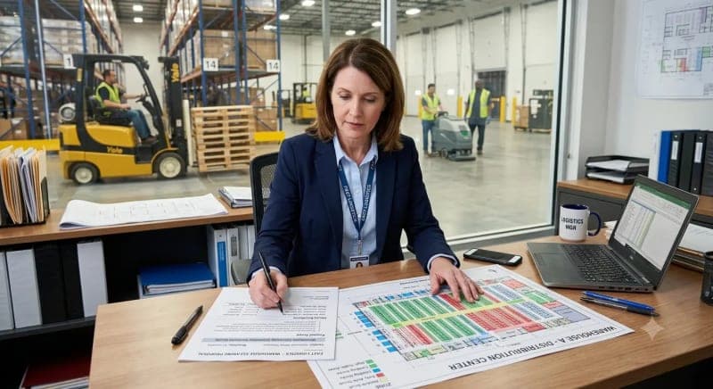 facility manager reviewing warehouse cleaning quote and floor plan