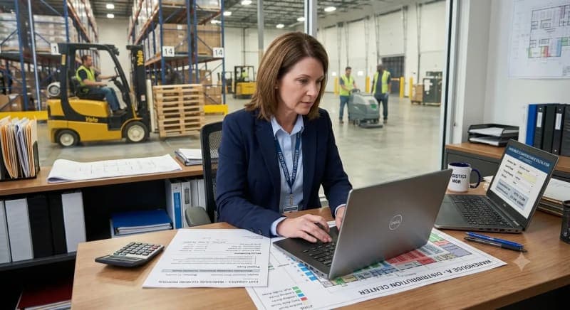 warehouse manager using a laptop cleaning estimate calculator to budget cleaning costs