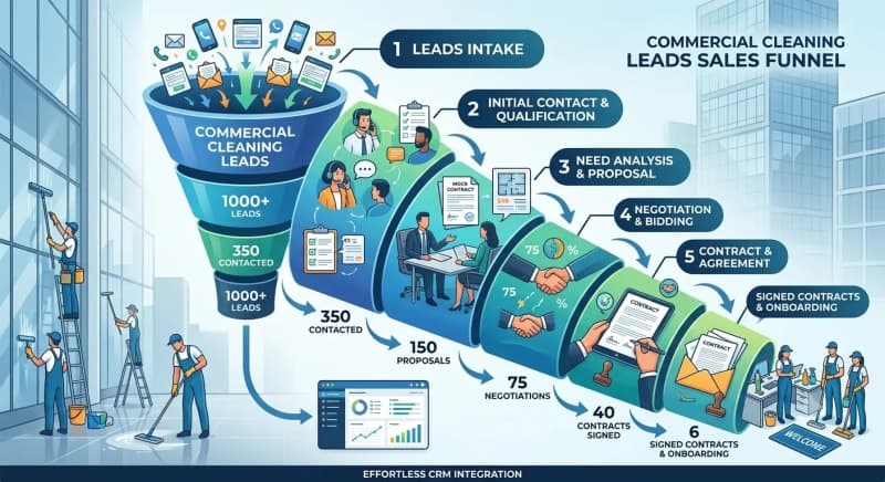 sales funnel showing commercial cleaning leads moving through CRM stages to signed contracts