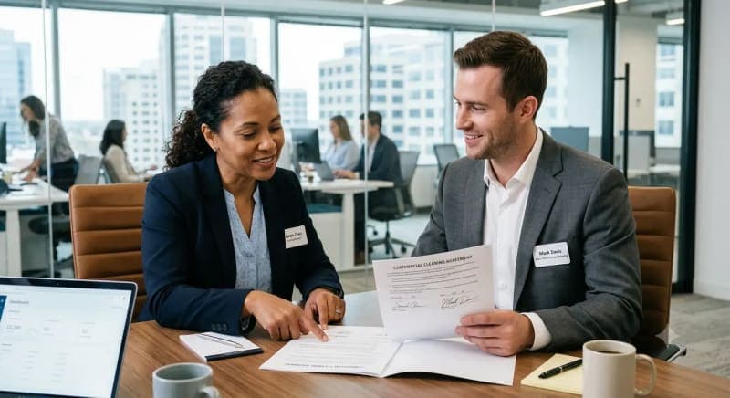 facility manager reviewing a signed commercial cleaning contract with a sales rep