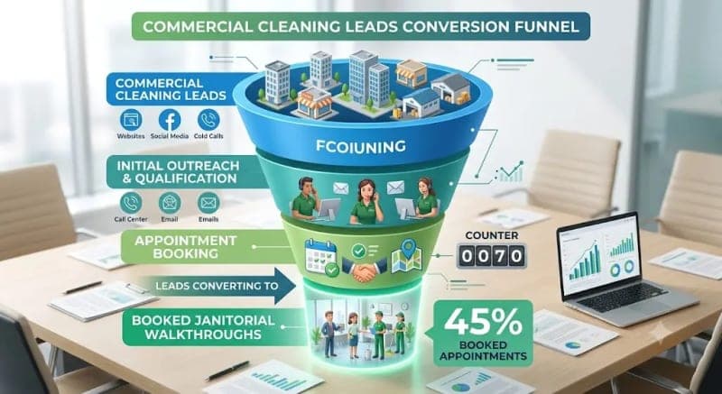 sales funnel diagram showing commercial cleaning leads converting to booked appointments