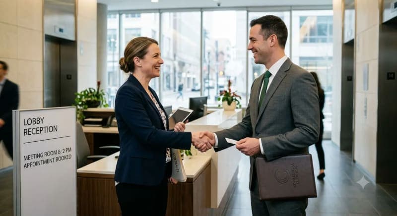 facility manager shaking hands with commercial cleaning sales rep after a booked appointment