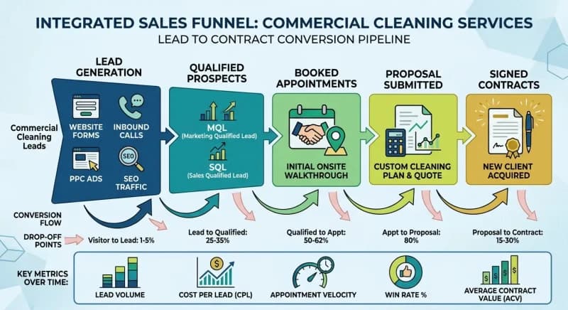 sales funnel diagram showing commercial cleaning leads converting into booked appointments and signed contracts