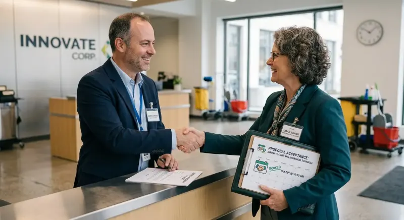 facility manager and commercial cleaning sales representative shaking hands after a booked appointment