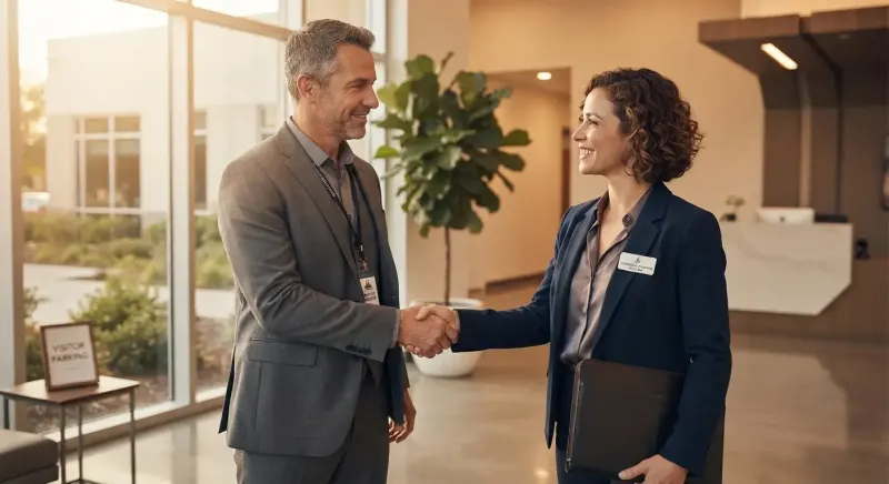 facility manager shaking hands with commercial cleaning sales rep after a booked appointment