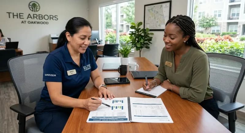 cleaning crew supervisor reviewing a monthly quality report with an apartment community manager
